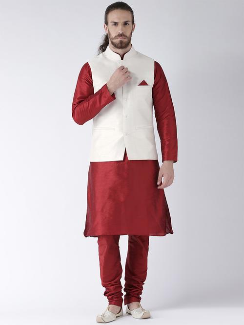 red silk blend kurta pyjama set with nehru jacket - 15458962 - Very Small Image - 1