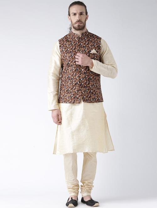 beige silk blend kurta pyjama set with nehru jacket - 15458963 - Very Small Image - 1