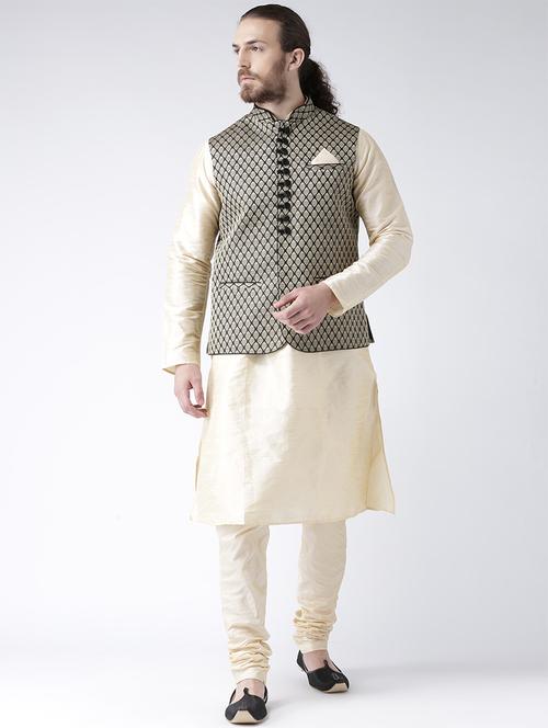 beige silk blend kurta pyjama set with nehru jacket - 15458968 - Very Small Image - 1