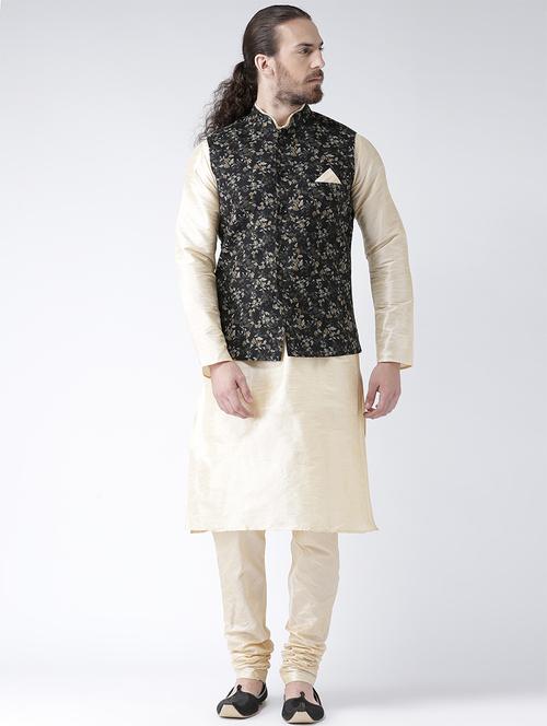 cream silk blend kurta pyjama set with nehru jacket - 15458971 - Very Small Image - 1