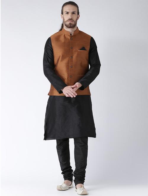 black silk blend kurta pyjama set with nehru jacket - 15458973 - Very Small Image - 1