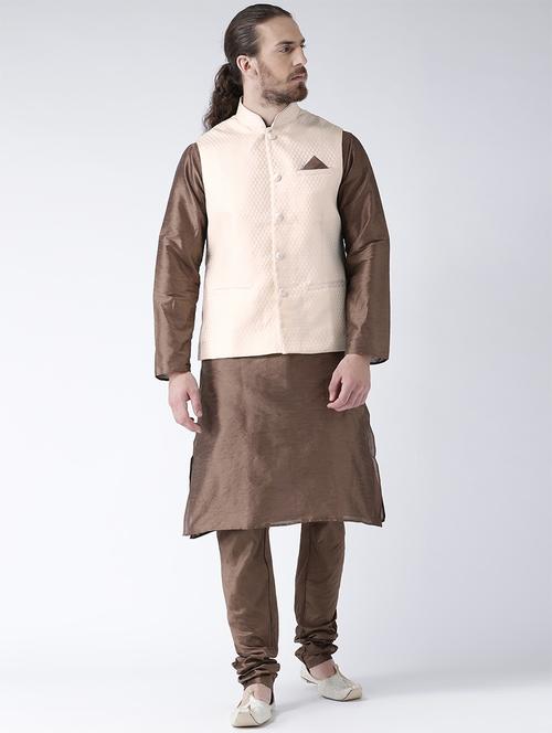 brown silk blend kurta pyjama set with nehru jacket - 15458984 - Very Small Image - 1