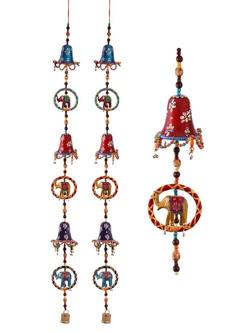 door hanging pair with big bell followed by a big elephant in resham ring - 15459277 - Very Small Image - 1