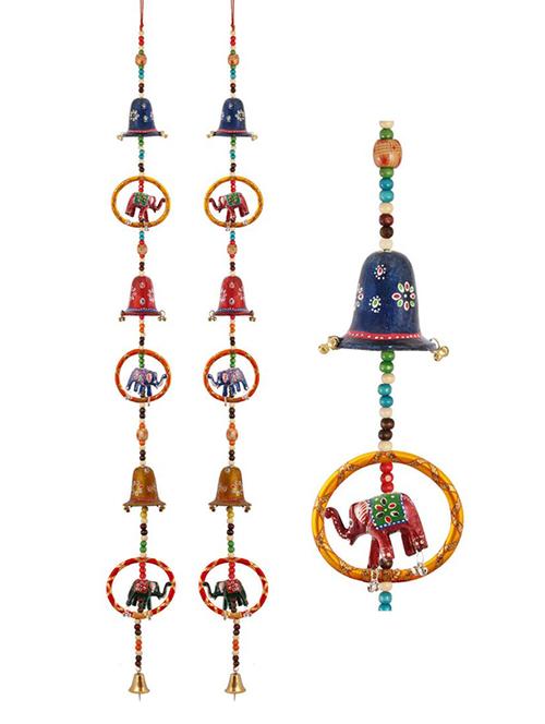 door hanging pair with paper machie 3 bell and 3 elephant in resham ring - 15459295 - Very Small Image - 1