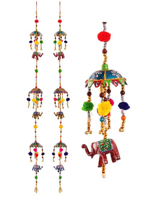 door hanging pair with paper machie 3 umbrella and 3 elephant with pumpum - 15459300 - Very Small Image - 1