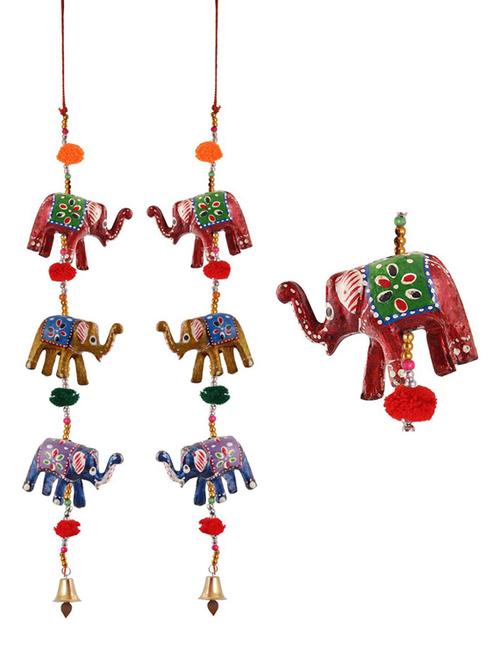door hanging pair of 3 paper machie elephants with pumpum - 15459305 - Very Small Image - 1