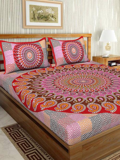 cotton traditional printed double bedsheet with 2 pillow covers - 15460159 - Very Small Image - 1