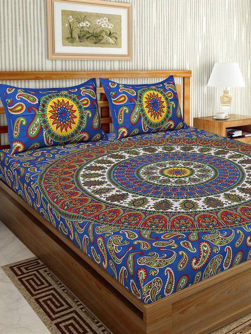 cotton traditional printed double bedsheet with 2 pillow covers - 15460163 - Very Small Image - 1