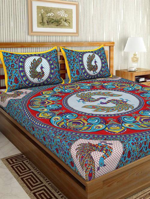 cotton traditional printed double bedsheet with 2 pillow covers - 15460168 - Very Small Image - 1