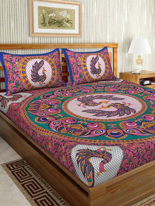cotton traditional printed double bedsheet with 2 pillow covers - 15460169 - Very Small Image - 1