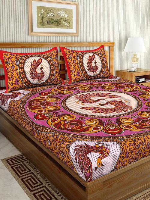 cotton traditional printed double bedsheet with 2 pillow covers - 15460170 - Very Small Image - 1