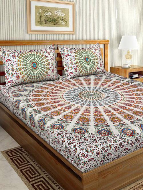 cotton traditional printed double bedsheet with 2 pillow covers - 15460174 - Very Small Image - 1
