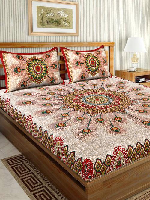cotton traditional printed double bedsheet with 2 pillow covers - 15460176 - Very Small Image - 1
