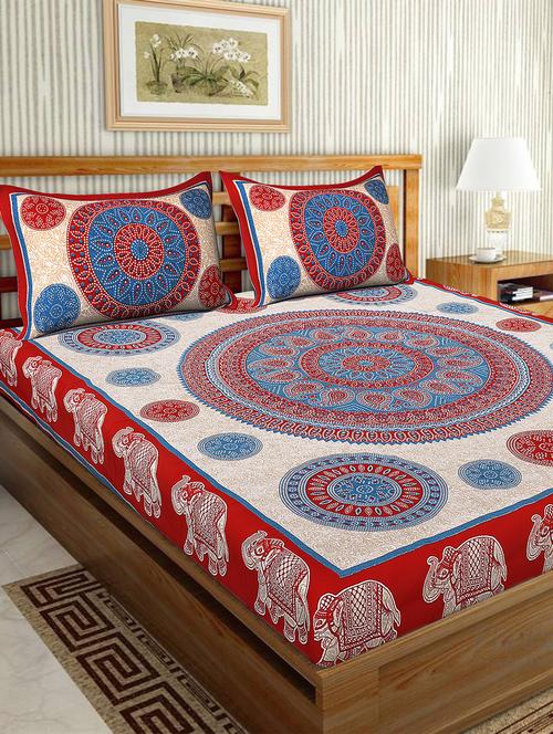 cotton traditional printed double bedsheet with 2 pillow covers - 15460179 - Very Small Image - 1