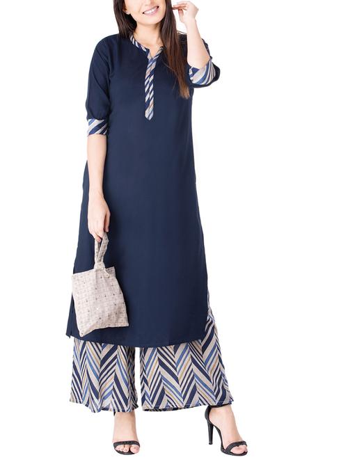 solid kurta printed palazzo set - 15460583 - Very Small Image - 1