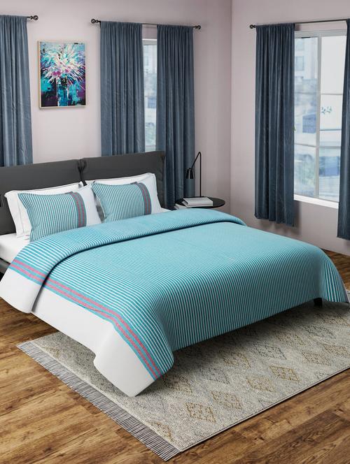 turquoise woven design cotton double bed cover with 2 pillow covers - 15460639 - Very Small Image - 1