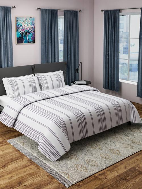 white & brown woven design cotton double bed cover with 2 pillow covers - 15460643 - Very Small Image - 1