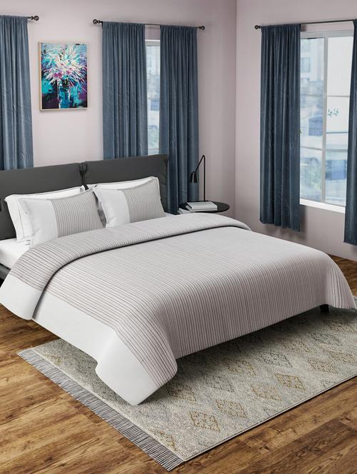 white & brown woven design cotton double bed cover with 2 pillow covers - 15460646 - Very Small Image - 1