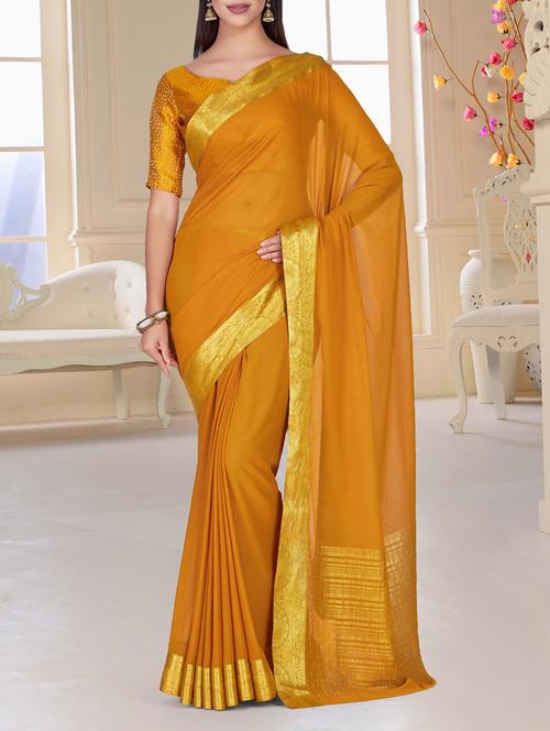 gold zari border mustard saree - 15464054 - Very Small Image - 1