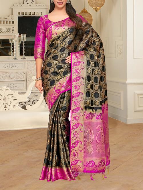 contrast border conversational kanjivaram saree - 15464095 - Very Small Image - 1