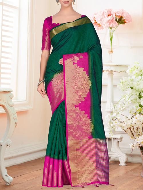 contrast floral border kanjivaram saree - 15464099 - Very Small Image - 1