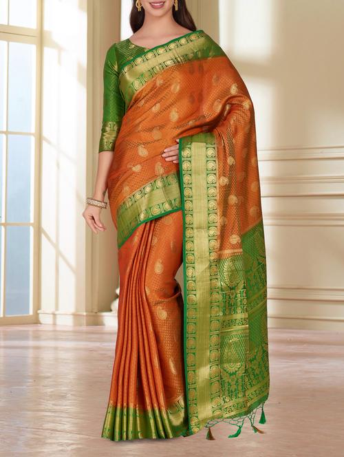 contrast boder paisley kanjivaram saree - 15464140 - Very Small Image - 1