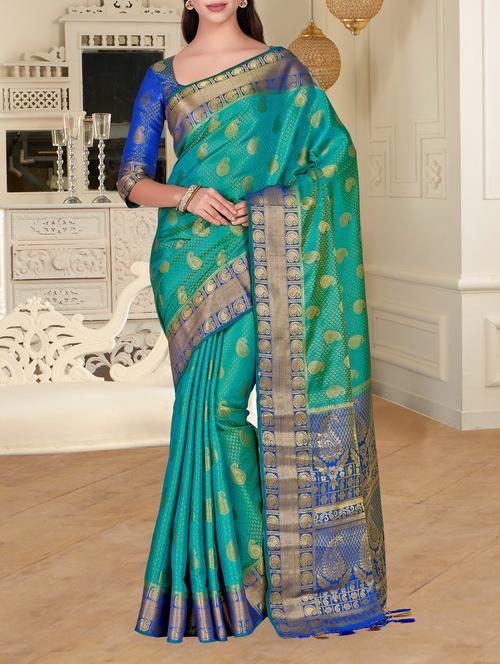 contrast boder paisley kanjivaram saree - 15464143 - Very Small Image - 1