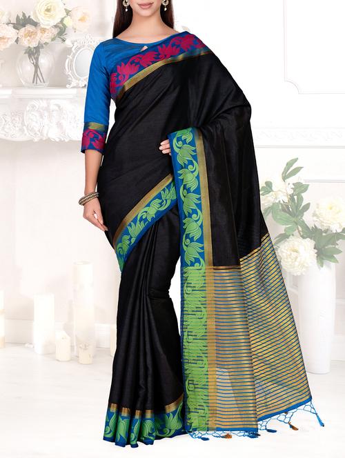 contrast floral border kanjivaram saree - 15464164 - Very Small Image - 1