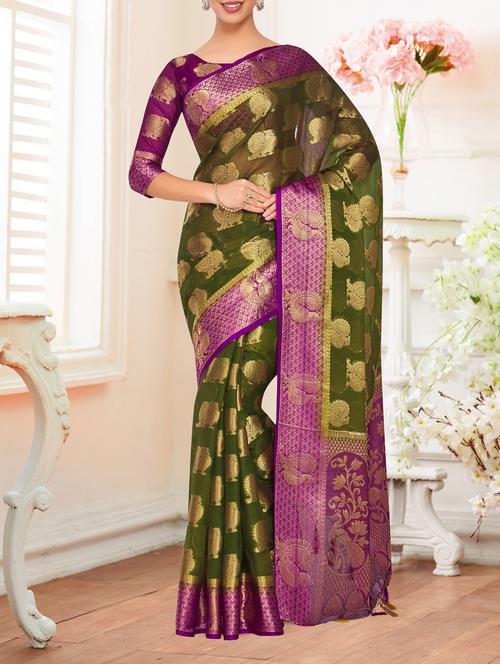 contrast border conversational kanjivaram saree - 15464182 - Very Small Image - 1