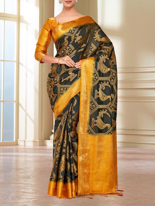 contrast pallu conversational kanjivaram saree - 15464195 - Very Small Image - 1