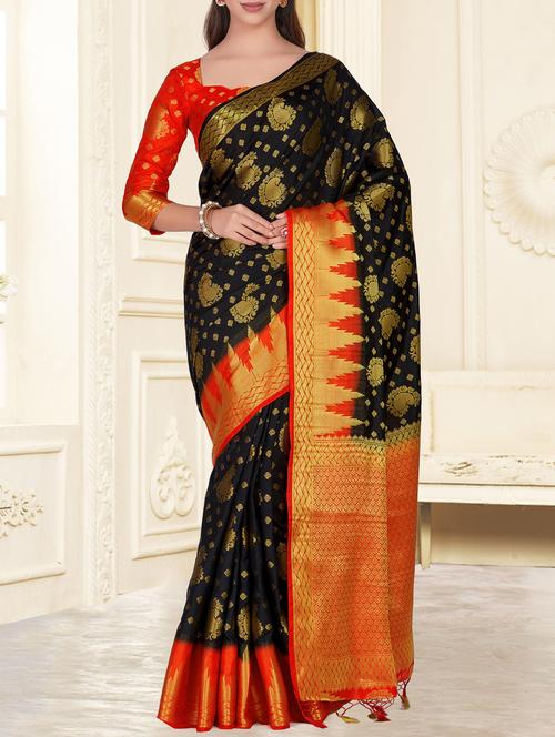 temple border paisley kanjivaram saree with blouse - 15464215 - Very Small Image - 1