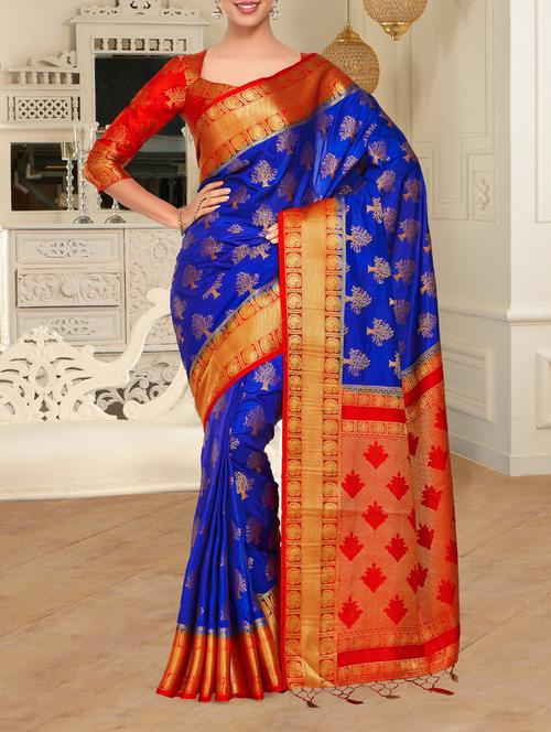 women's self design blue colored saree with blouse - 15464239 - Very Small Image - 1