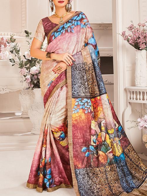 digital printed beige saree with blouse - 15464392 - Very Small Image - 1