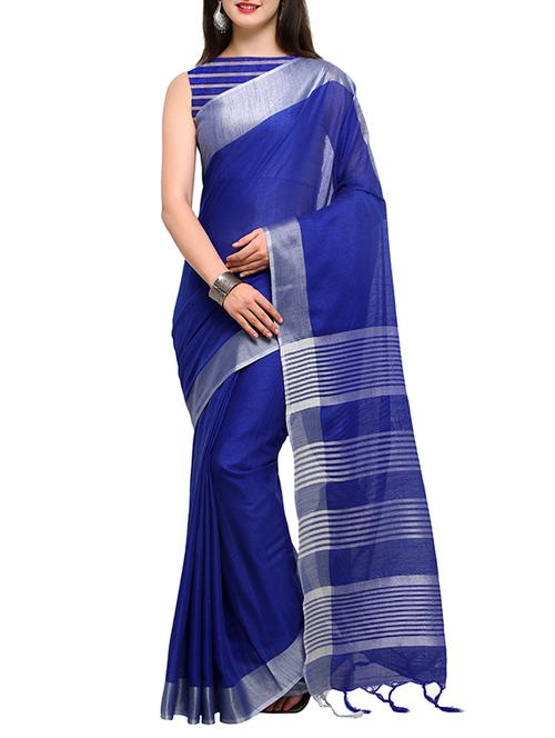 contrast striped bordered linen saree with blouse - 15464395 - Very Small Image - 1