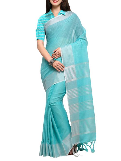 contrast striped bordered linen saree with blouse - 15464399 - Very Small Image - 1