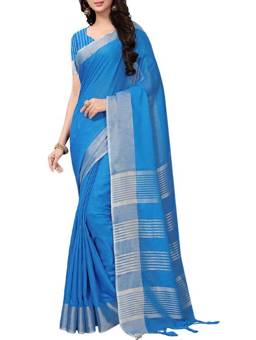 contrast striped bordered linen saree with blouse - 15464401 - Very Small Image - 1