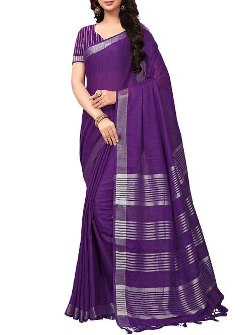 contrast striped bordered linen saree with blouse - 15464405 - Very Small Image - 1