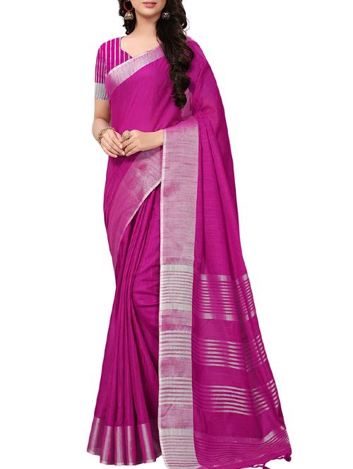contrast striped bordered linen saree with blouse - 15464406 - Very Small Image - 1