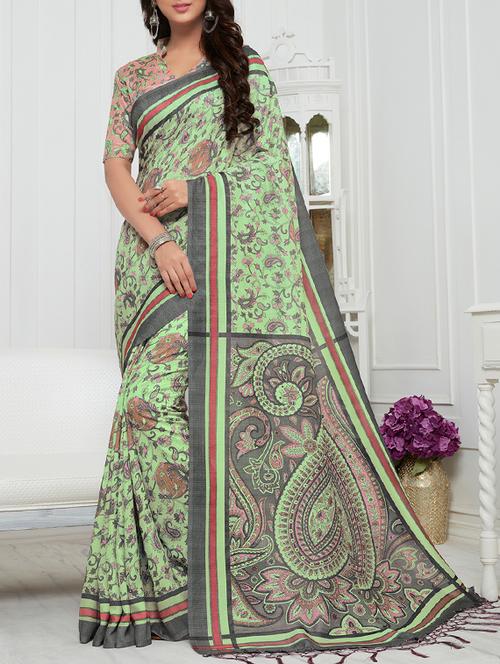 kalamkari printed pista green saree with blouse - 15464409 - Very Small Image - 1