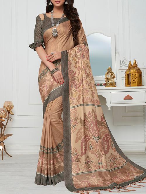 floral printed beige saree with blouse - 15464411 - Very Small Image - 1