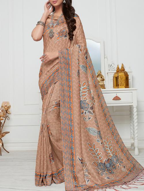floral printed brown saree with blouse - 15464412 - Very Small Image - 1