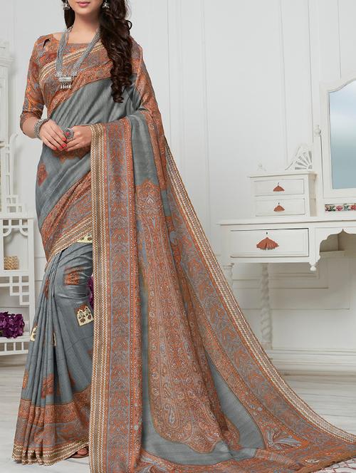 contrast border grey printed saree with blouse - 15464413 - Very Small Image - 1