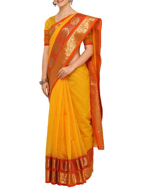 contrast zari bordered saree with blouse - 15464425 - Very Small Image - 1