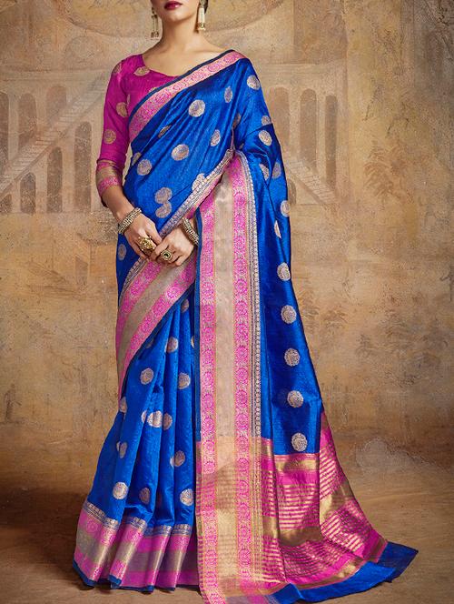 contrast striped pallu banarasi saree with blouse - 15464443 - Very Small Image - 1
