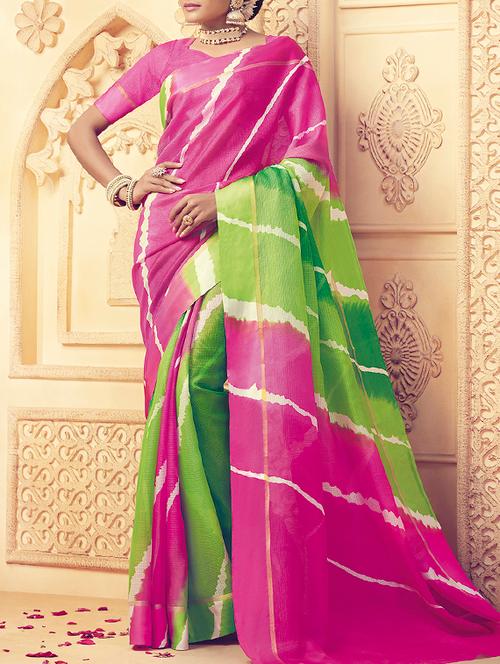 contrast shades leheriya saree with blouse - 15464457 - Very Small Image - 1