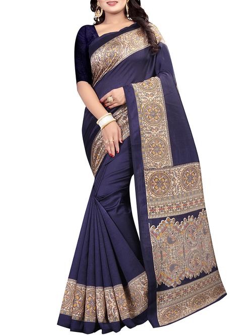 madhubani printed border blue saree with blouse - 15466915 - Very Small Image - 1