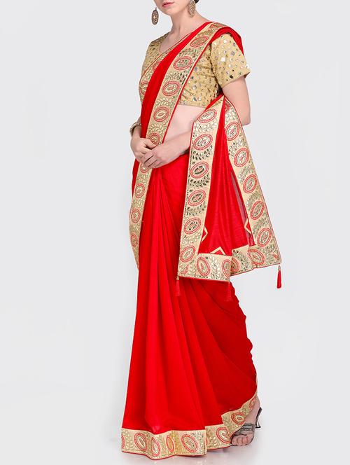 contrast embroidered border red saree - 15469463 - Very Small Image - 1