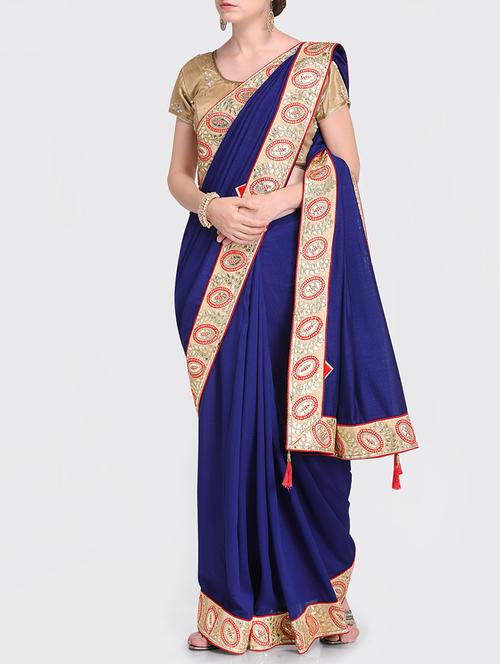 contrast embroidered border navy blue saree - 15469464 - Very Small Image - 1
