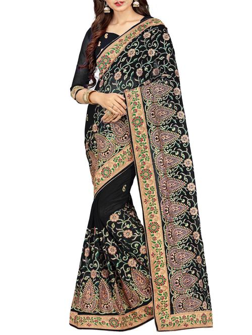 contrast thread floral embroidered saree with blouse - 15469492 - Very Small Image - 1