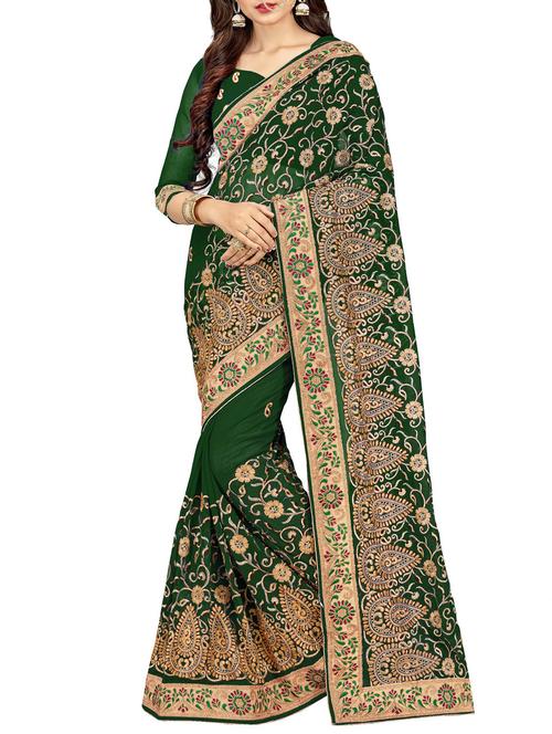 contrast thread floral embroidered saree with blouse - 15469493 - Very Small Image - 1
